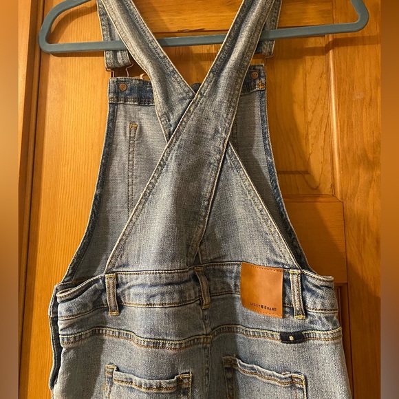 LUCKY BRAND Denim Overalls Washed Ripped Bib Crop Distressed Raw Edge Jeans 12 - Picture 9 of 13